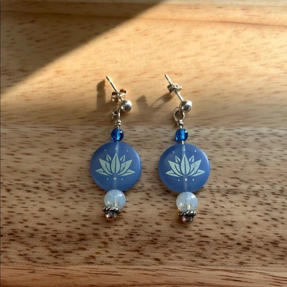 Blue Lotus Flower Dangle Earrings - Picture 1 of 3
